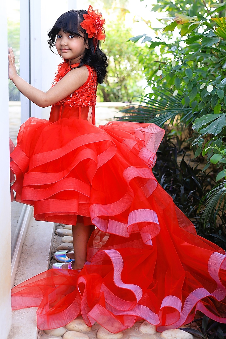 Red Net Embroidered Ruffled Dress For Girls by PEAR BEAR at Pernia's Pop Up Shop