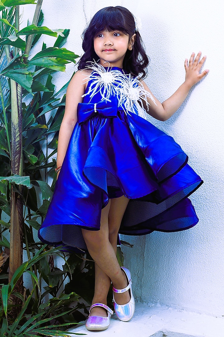 Blue Glass Tissue Embellished High-Low Dress For Girls by PEAR BEAR at Pernia's Pop Up Shop