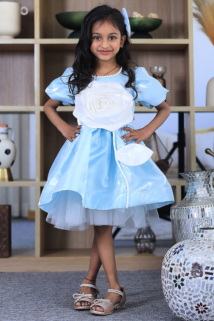 Powder Blue Imported Satin Floral Dress For Girls by PEAR BEAR at Pernia's Pop Up Shop