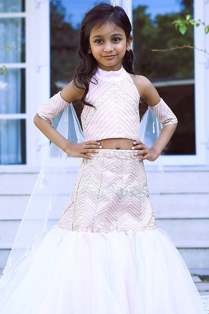 Pink & Powder Green Georgette Fish-Cut Lehenga Set For Girls by PEAR BEAR at Pernia's Pop Up Shop