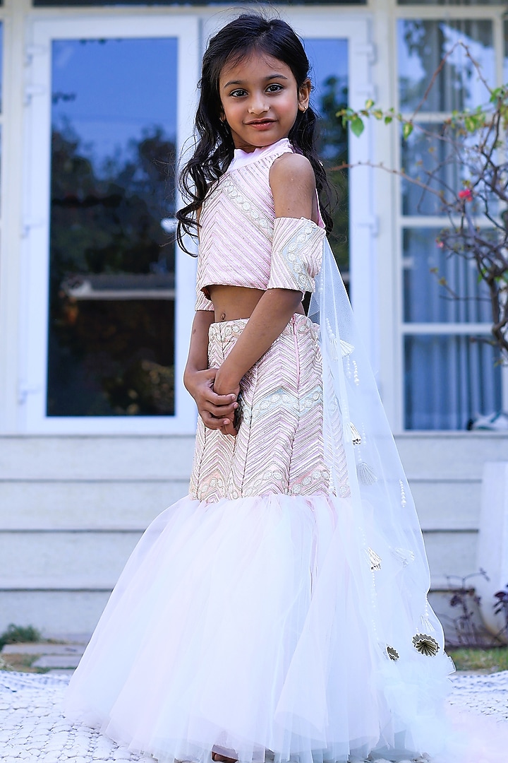 Pink & Powder Green Georgette Fish-Cut Lehenga Set For Girls by PEAR BEAR at Pernia's Pop Up Shop