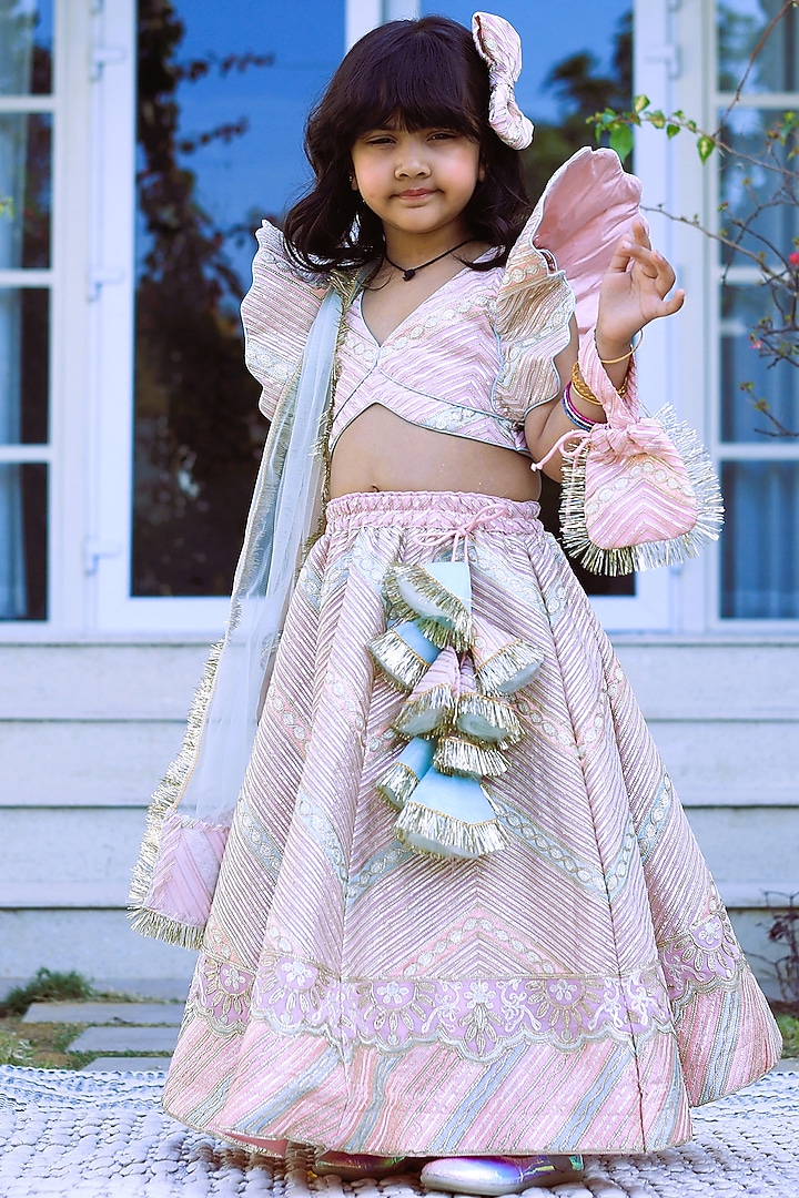 Pink Georgette & Net Lace Work Lehenga Set For Girls by PEAR BEAR at Pernia's Pop Up Shop