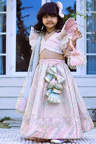 Pink Georgette & Net Lace Work Lehenga Set For Girls by PEAR BEAR