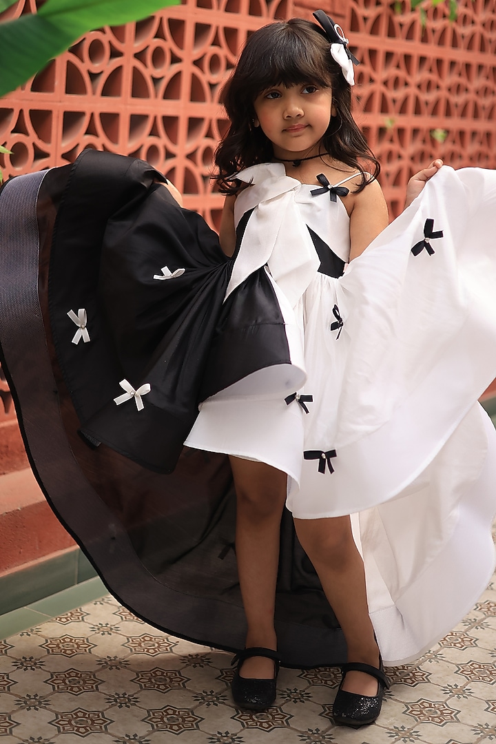 high low black and white dress Boutique Black and White Flower Girl Dress with Colorful Pom Poms Girl –  DreamyVow main image 1