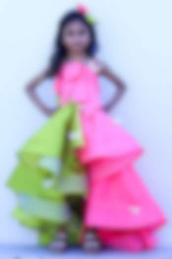 Green & Pink Taffeta High-Low Dress For Girls by PEAR BEAR at Pernia's Pop Up Shop