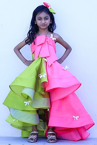 Green & Pink Taffeta High-Low Dress For Girls by PEAR BEAR