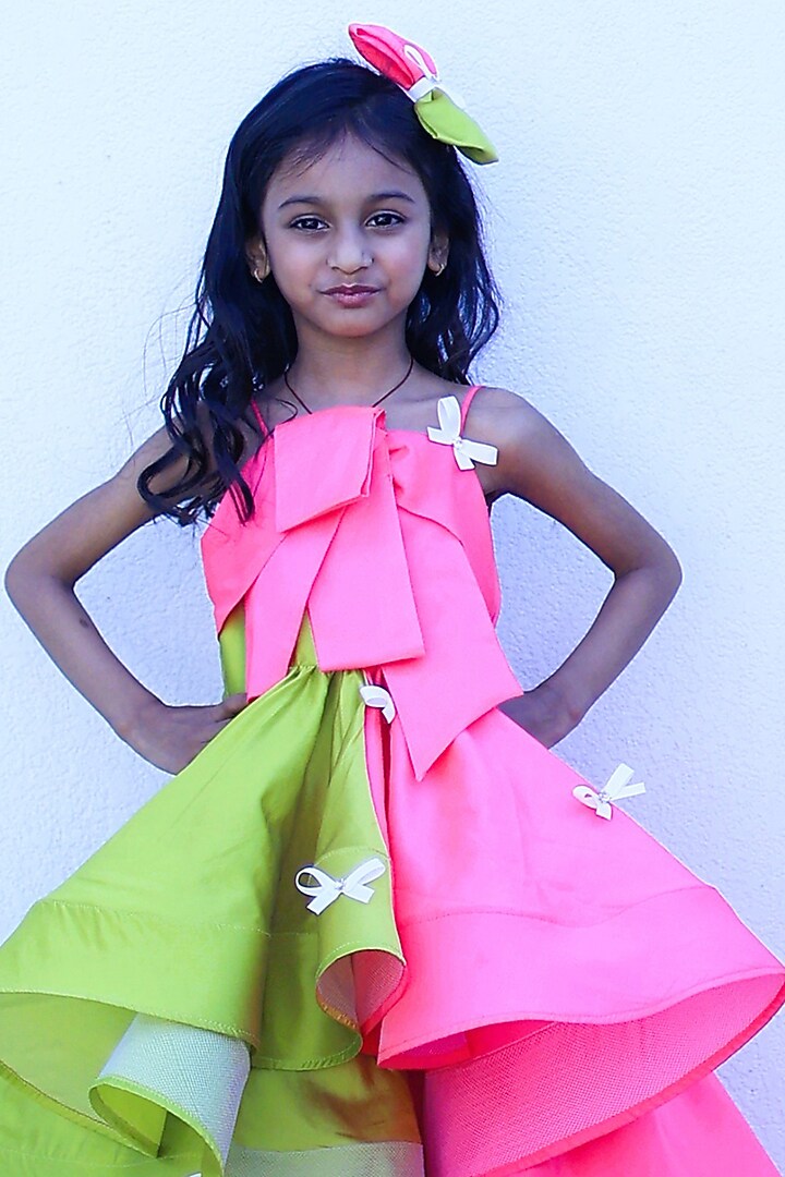Green & Pink Taffeta High-Low Dress For Girls by PEAR BEAR at Pernia's Pop Up Shop