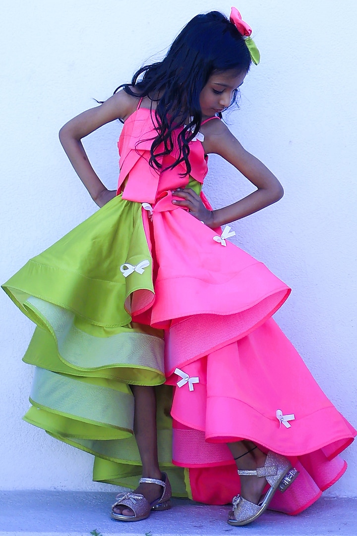Green & Pink Taffeta High-Low Dress For Girls by PEAR BEAR at Pernia's Pop Up Shop