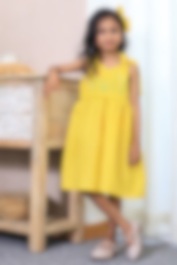 Yellow Cotton Linen Hand Embroidered Dress For Girls by PEAR BEAR at Pernia's Pop Up Shop