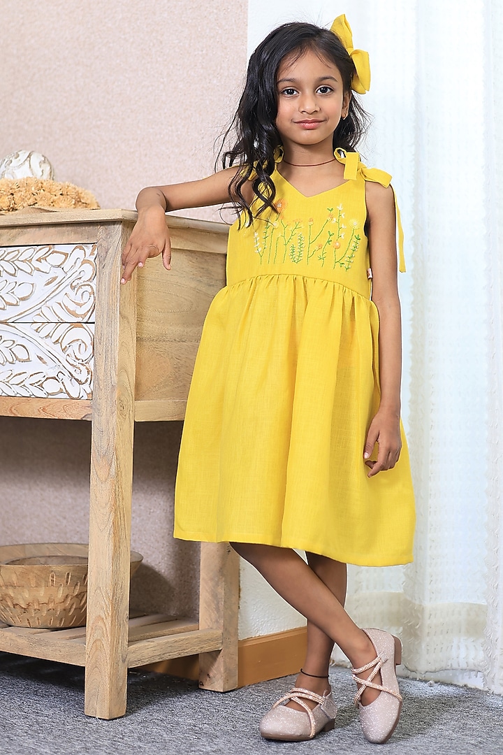 Yellow Cotton Linen Hand Embroidered Dress For Girls by PEAR BEAR at Pernia's Pop Up Shop