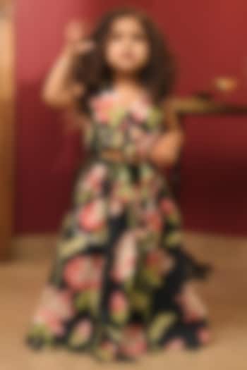 Navy Blue Cotton Lotus Printed Lehenga Set For Girls by PEAR BEAR at Pernia's Pop Up Shop