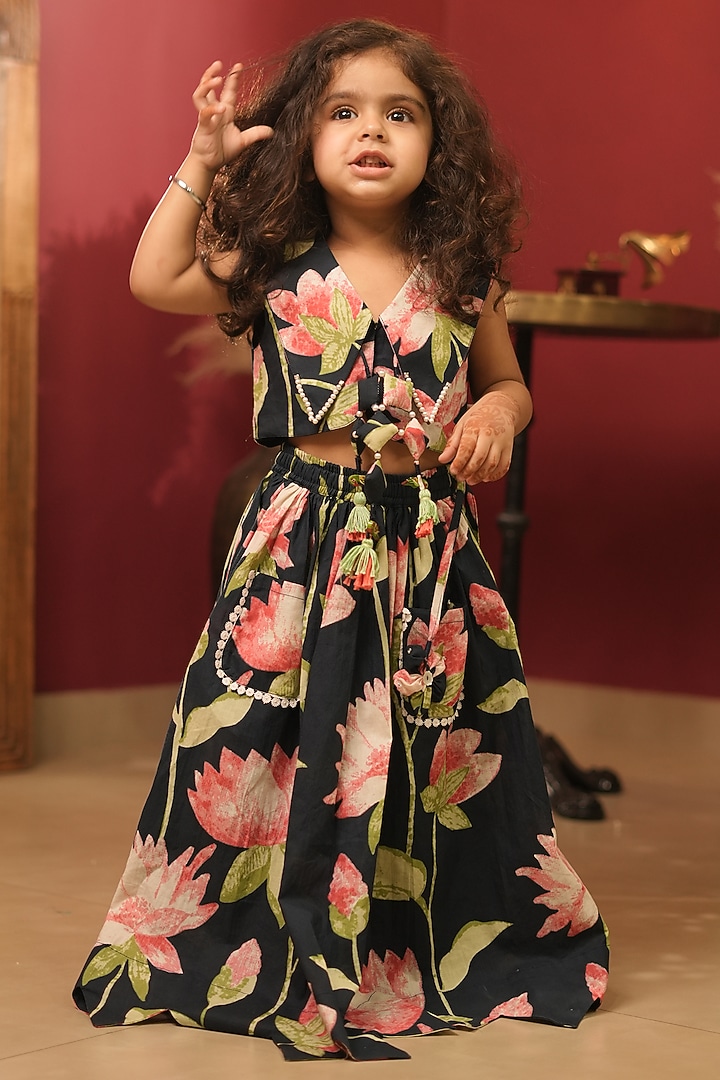 Navy Blue Cotton Lotus Printed Lehenga Set For Girls by PEAR BEAR at Pernia's Pop Up Shop