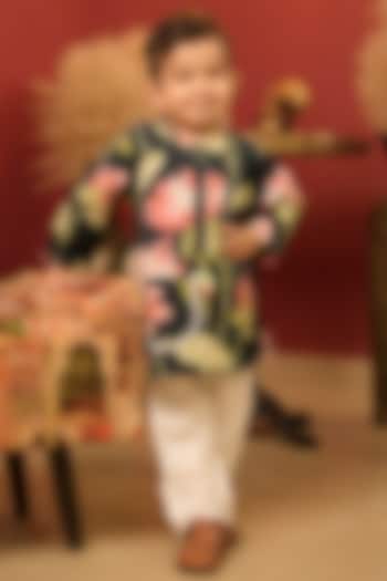 Navy Blue Cotton Lotus Printed Kurta Set For Boys by PEAR BEAR at Pernia's Pop Up Shop