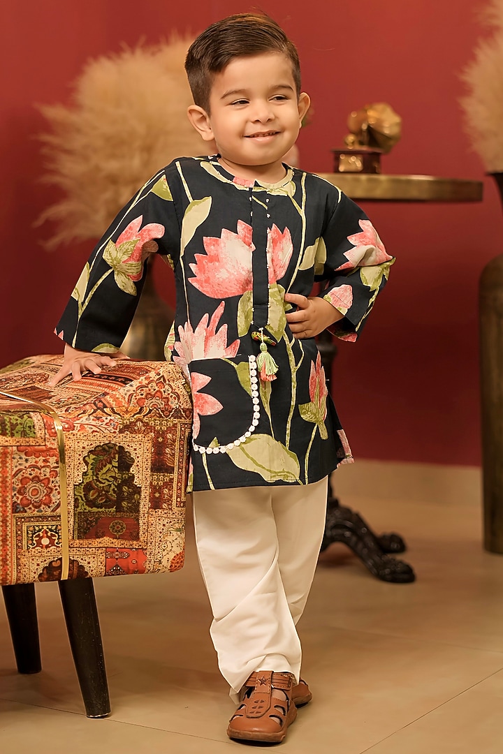 Navy Blue Cotton Lotus Printed Kurta Set For Boys by PEAR BEAR at Pernia's Pop Up Shop