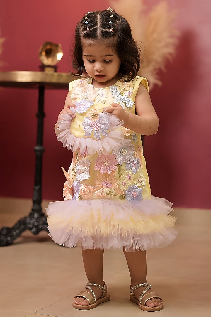 Yellow & Lavender Net 3D Embroidered Frilled Dress For Boys by PEAR BEAR at Pernia's Pop Up Shop
