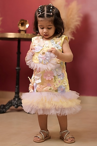 Yellow & Lavender Net 3D Embroidered Frilled Dress For Boys by PEAR BEAR