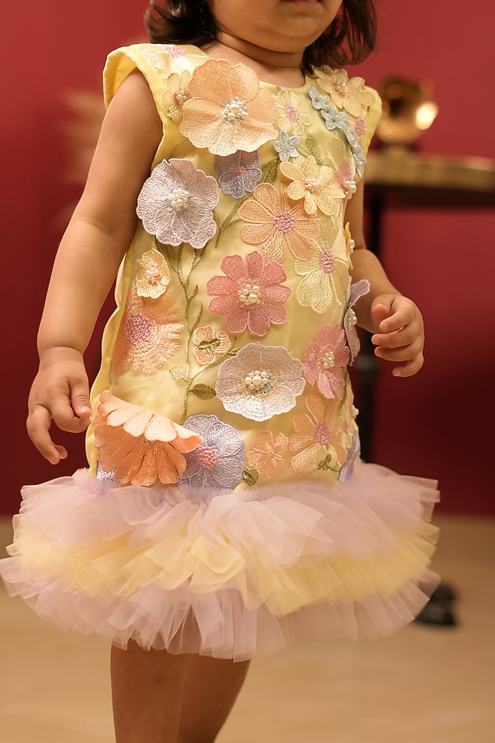 Yellow & Lavender Net 3D Embroidered Frilled Dress For Boys by PEAR BEAR at Pernia's Pop Up Shop