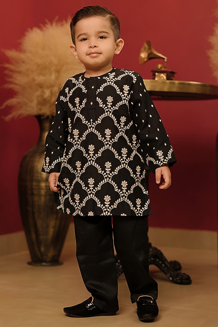 Black Pure Mal Chanderi Embroidered Kurta Set For Boys by PEAR BEAR at Pernia's Pop Up Shop