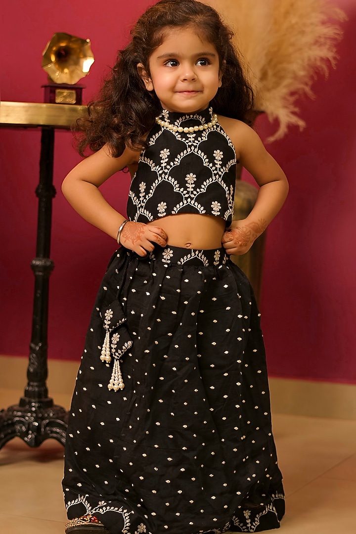 Black Pure Mal Chanderi Embroidered Lehenga Set For Girls by PEAR BEAR at Pernia's Pop Up Shop