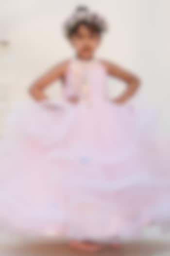 Peach Butterfly Net 3D Floral Layered Frilled Gown For Girls by PEAR BEAR at Pernia's Pop Up Shop