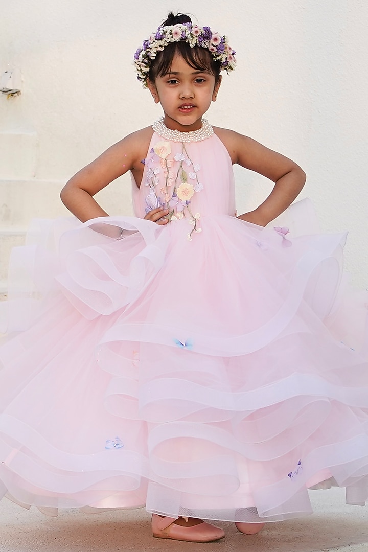 Peach Butterfly Net 3D Floral Layered Frilled Gown For Girls by PEAR BEAR at Pernia's Pop Up Shop