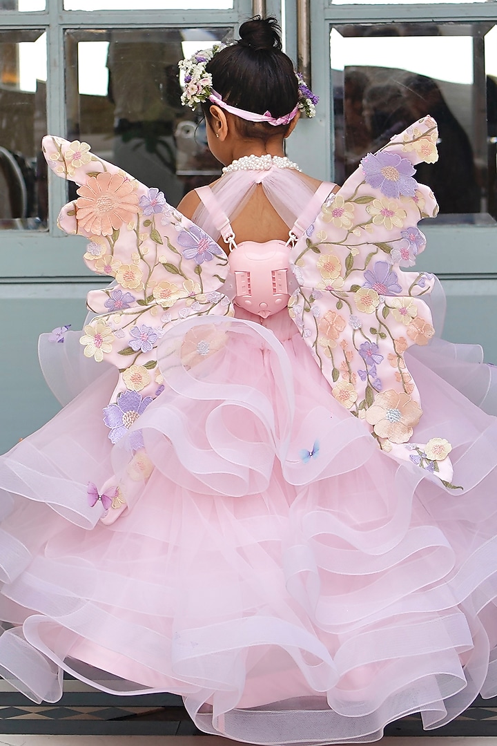 Peach Butterfly Net 3D Floral Layered Frilled Gown For Girls by PEAR BEAR at Pernia's Pop Up Shop