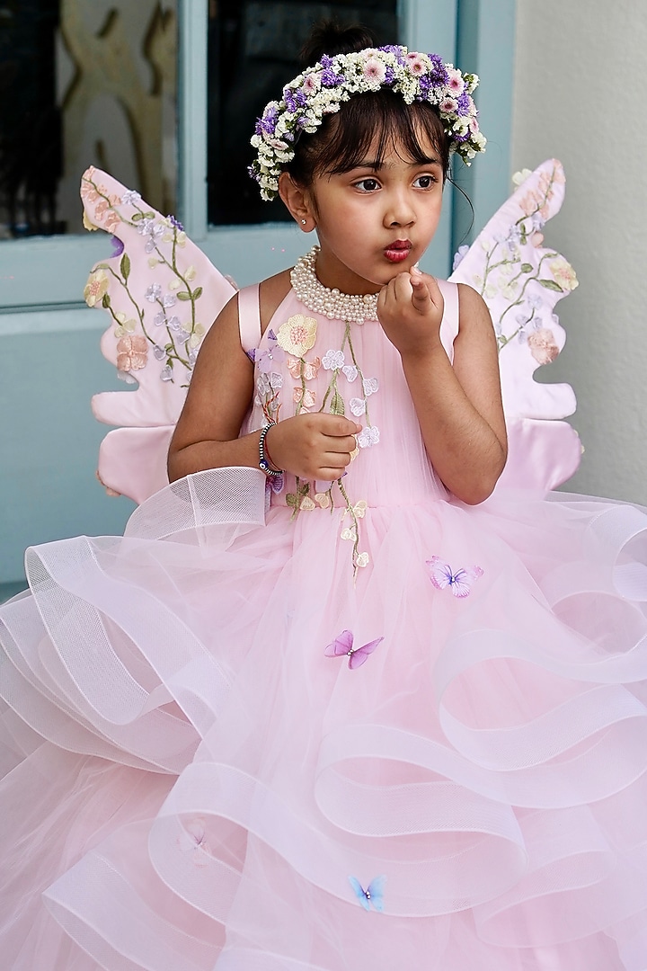 Peach Butterfly Net 3D Floral Layered Frilled Gown For Girls by PEAR BEAR at Pernia's Pop Up Shop