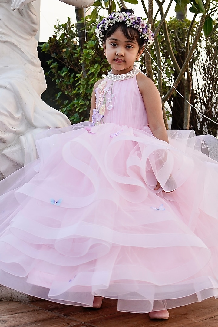 Peach Butterfly Net 3D Floral Layered Frilled Gown For Girls by PEAR BEAR at Pernia's Pop Up Shop