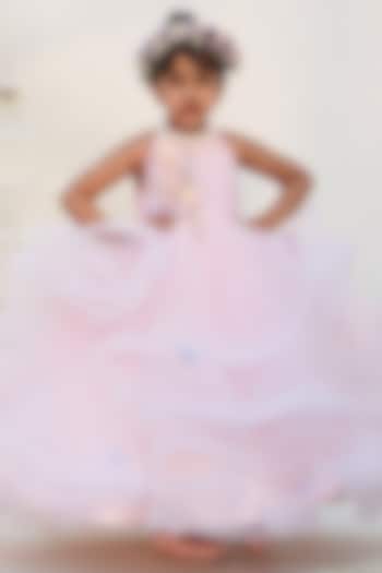 Peach Butterfly Net Floral Embellished Frilled Gown For Girls by PEAR BEAR at Pernia's Pop Up Shop
