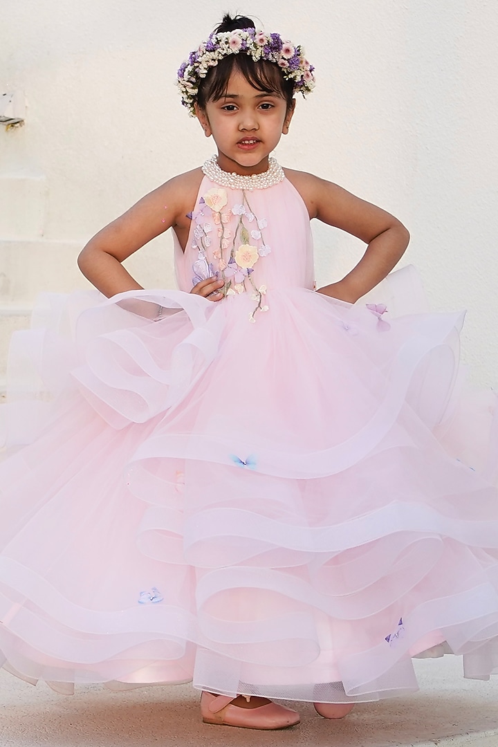 Peach Butterfly Net Floral Embellished Frilled Gown For Girls by PEAR BEAR at Pernia's Pop Up Shop