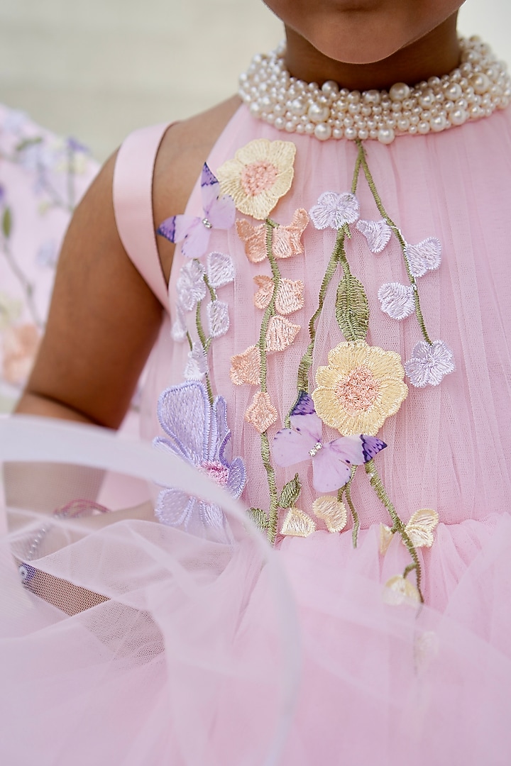 Peach Butterfly Net Floral Embellished Frilled Gown For Girls by PEAR BEAR at Pernia's Pop Up Shop