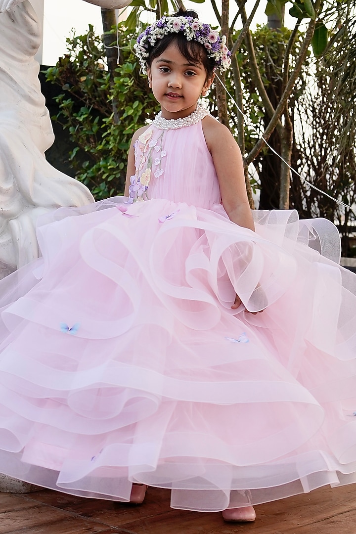 Peach Butterfly Net Floral Embellished Frilled Gown For Girls by PEAR BEAR at Pernia's Pop Up Shop