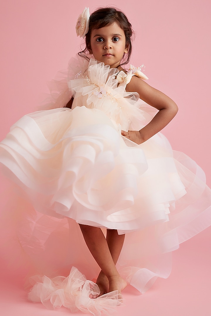 Peach Butterfly Net One-Shoulder Layered Dress For Girls by PEAR BEAR at Pernia's Pop Up Shop