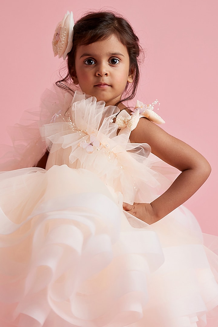 Peach Butterfly Net One-Shoulder Layered Dress For Girls by PEAR BEAR at Pernia's Pop Up Shop