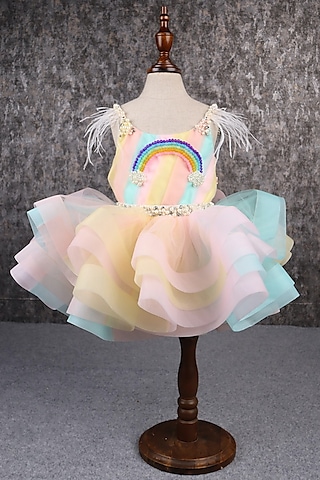 Multi-Colored Butterfly Net & Ostrich Feather Beads Embroidered Ruffled Dress For Girls by PEAR BEAR