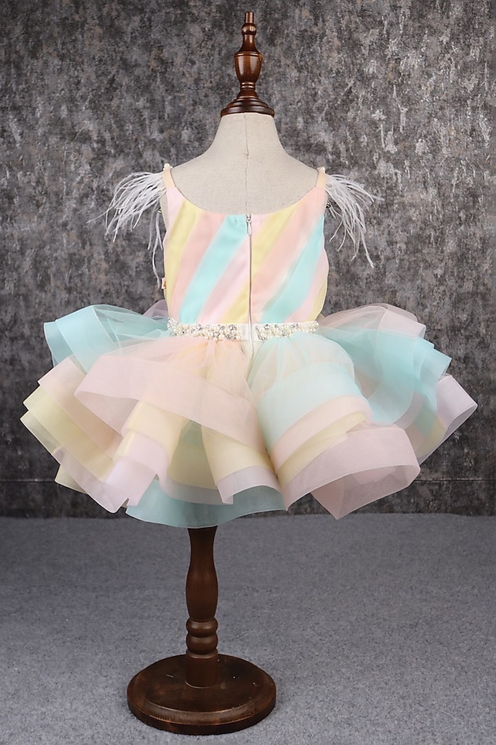 Multi-Colored Butterfly Net & Ostrich Feather Beads Embroidered Ruffled Dress For Girls by PEAR BEAR at Pernia's Pop Up Shop