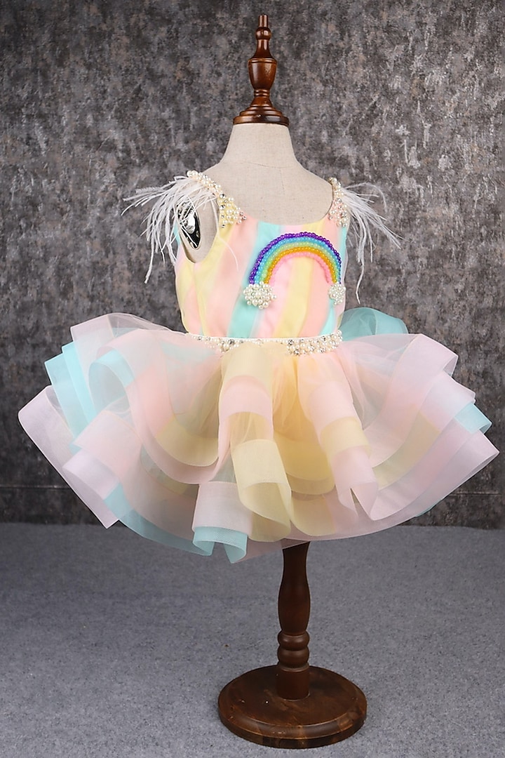 Multi-Colored Butterfly Net & Ostrich Feather Beads Embroidered Ruffled Dress For Girls by PEAR BEAR at Pernia's Pop Up Shop