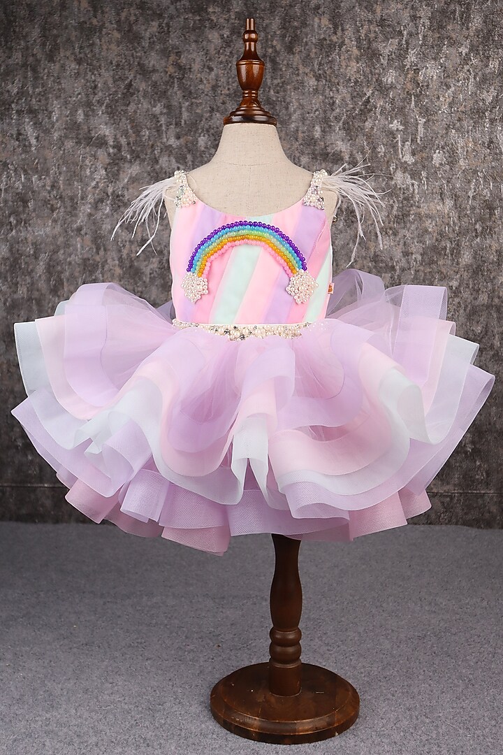 Multi-Colored Butterfly Net & Ostrich Feather Beads Embroidered Dress For Girls by PEAR BEAR at Pernia's Pop Up Shop