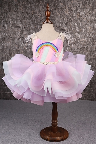 Multi-Colored Butterfly Net & Ostrich Feather Beads Embroidered Dress For Girls by PEAR BEAR