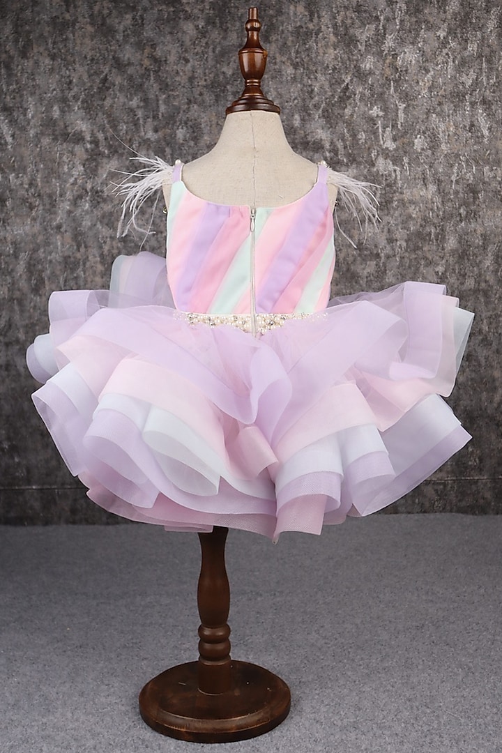 Multi-Colored Butterfly Net & Ostrich Feather Beads Embroidered Dress For Girls by PEAR BEAR at Pernia's Pop Up Shop