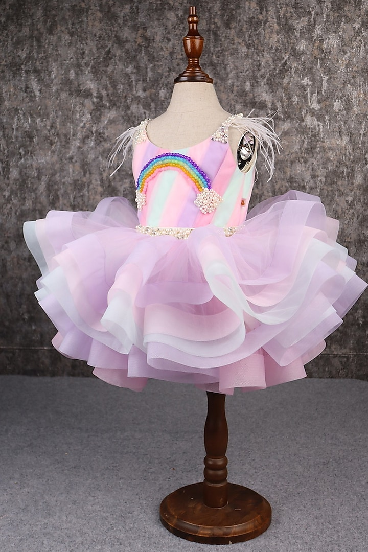Multi-Colored Butterfly Net & Ostrich Feather Beads Embroidered Dress For Girls by PEAR BEAR at Pernia's Pop Up Shop