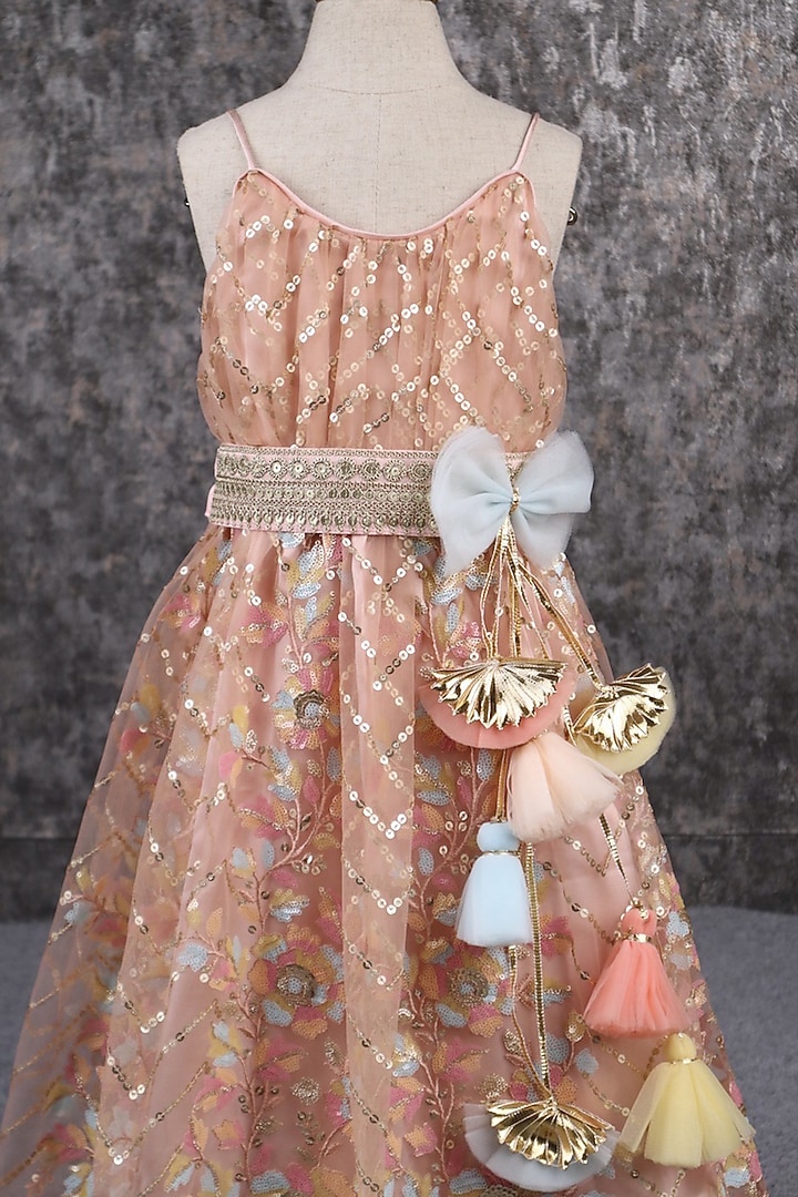 Peach Sarin & Shantoon Thread Embroidered Anarkali Set For Girls by PEAR BEAR at Pernia's Pop Up Shop