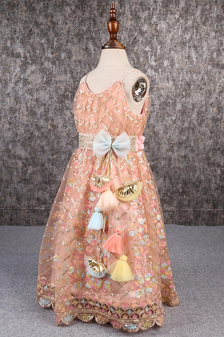 Peach Sarin & Shantoon Thread Embroidered Anarkali Set For Girls by PEAR BEAR at Pernia's Pop Up Shop