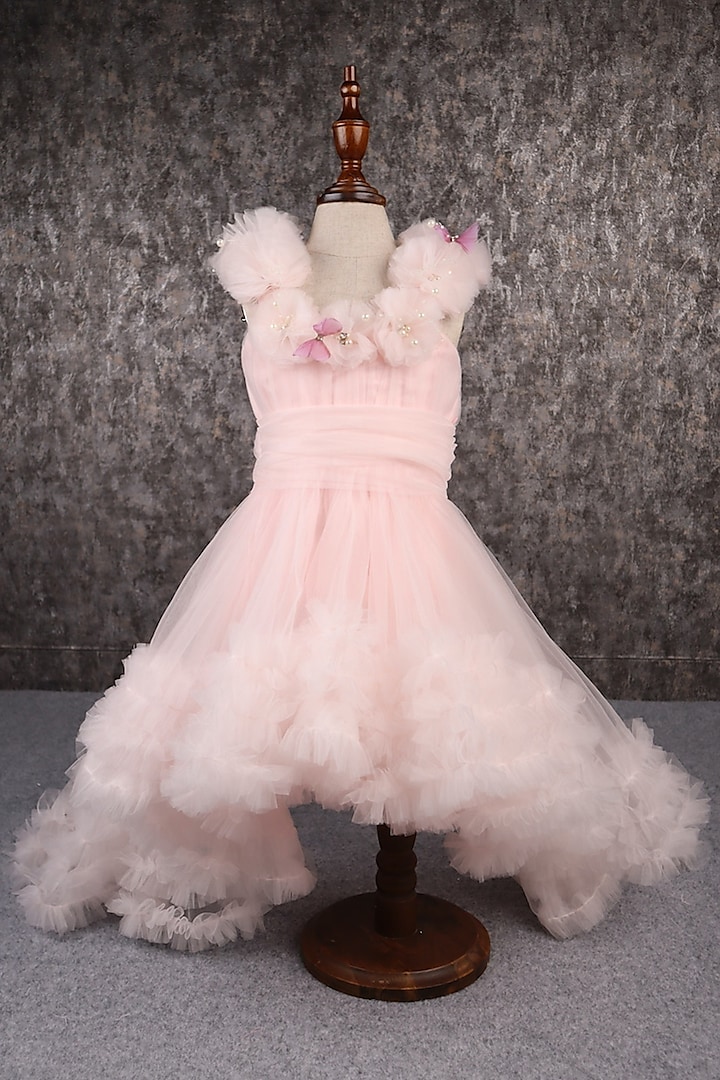 Peach Butterfly Net Stone Work Gown For Girls by PEAR BEAR at Pernia's Pop Up Shop