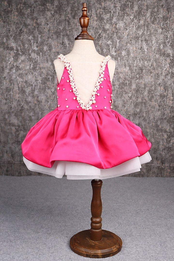 Magenta Bridal Satin Pearl Embellished Dress For Girls by PEAR BEAR at Pernia's Pop Up Shop