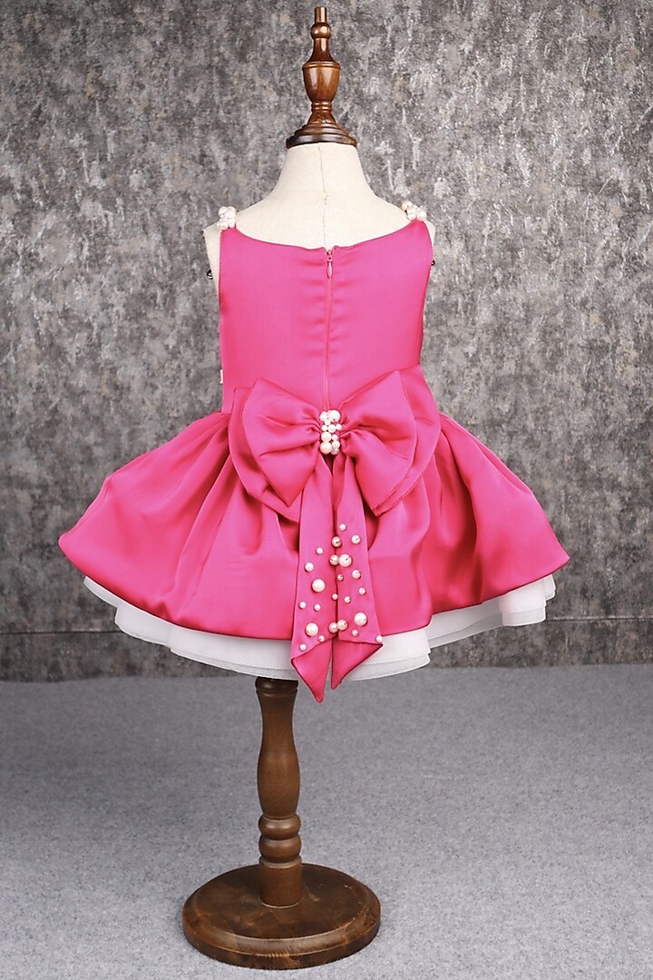 Magenta Bridal Satin Pearl Embellished Dress For Girls by PEAR BEAR at Pernia's Pop Up Shop