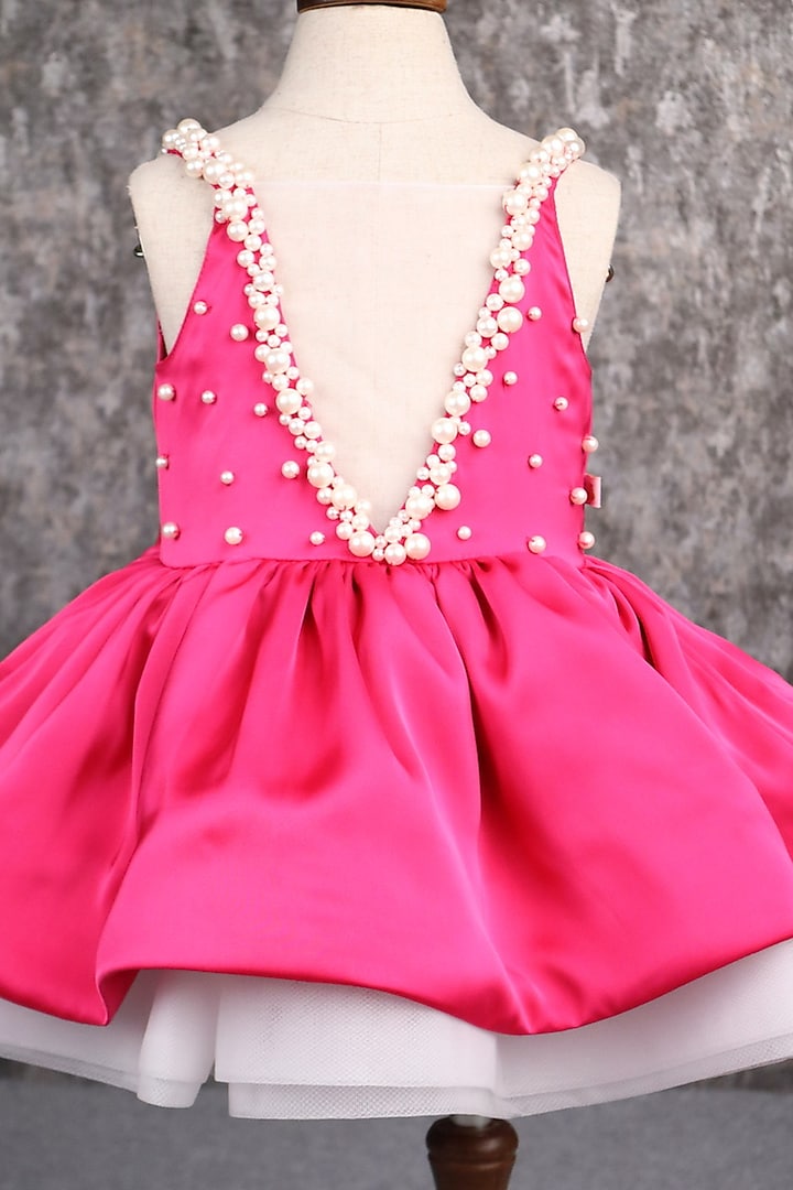 Magenta Bridal Satin Pearl Embellished Dress For Girls by PEAR BEAR at Pernia's Pop Up Shop