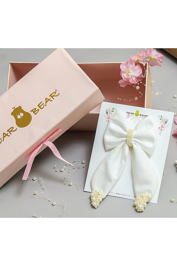 Off-White Fancy Fabric Pearl Embroidered Bow Hair Clip For Girls by PEAR BEAR at Pernia's Pop Up Shop