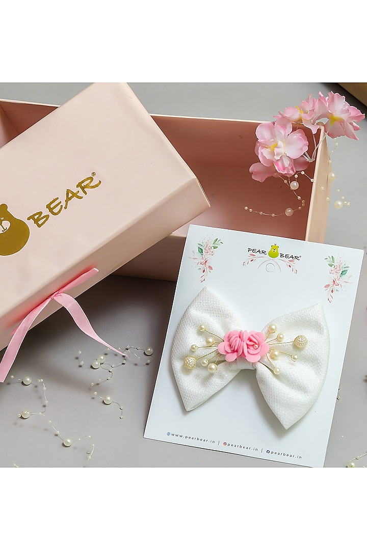 Off-white Fancy Floral & Pearl Embroidered Bow Hair Clip For Girls by PEAR BEAR at Pernia's Pop Up Shop