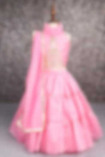 Pink Chanderi Layered Lehenga Set For Girls by PEAR BEAR at Pernia's Pop Up Shop